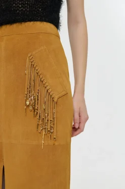 Kalyan Fringe Maxi Skirt in Cashew Suede with Charms