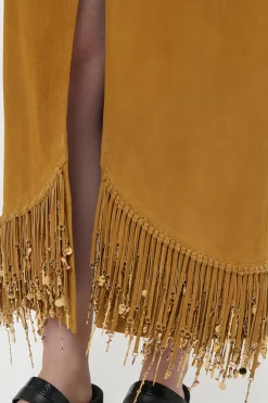 Kalyan Fringe Maxi Skirt in Cashew Suede with Charms