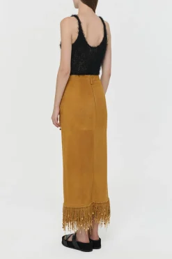Kalyan Fringe Maxi Skirt in Cashew Suede with Charms