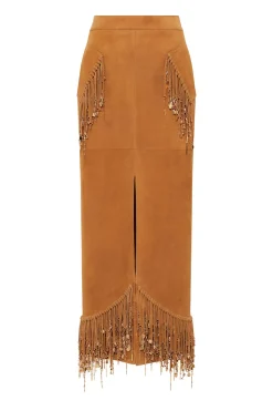Kalyan Fringe Maxi Skirt in Cashew Suede with Charms