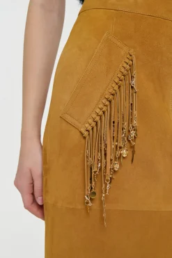 Kalyan Fringe Maxi Skirt in Cashew Suede with Charms