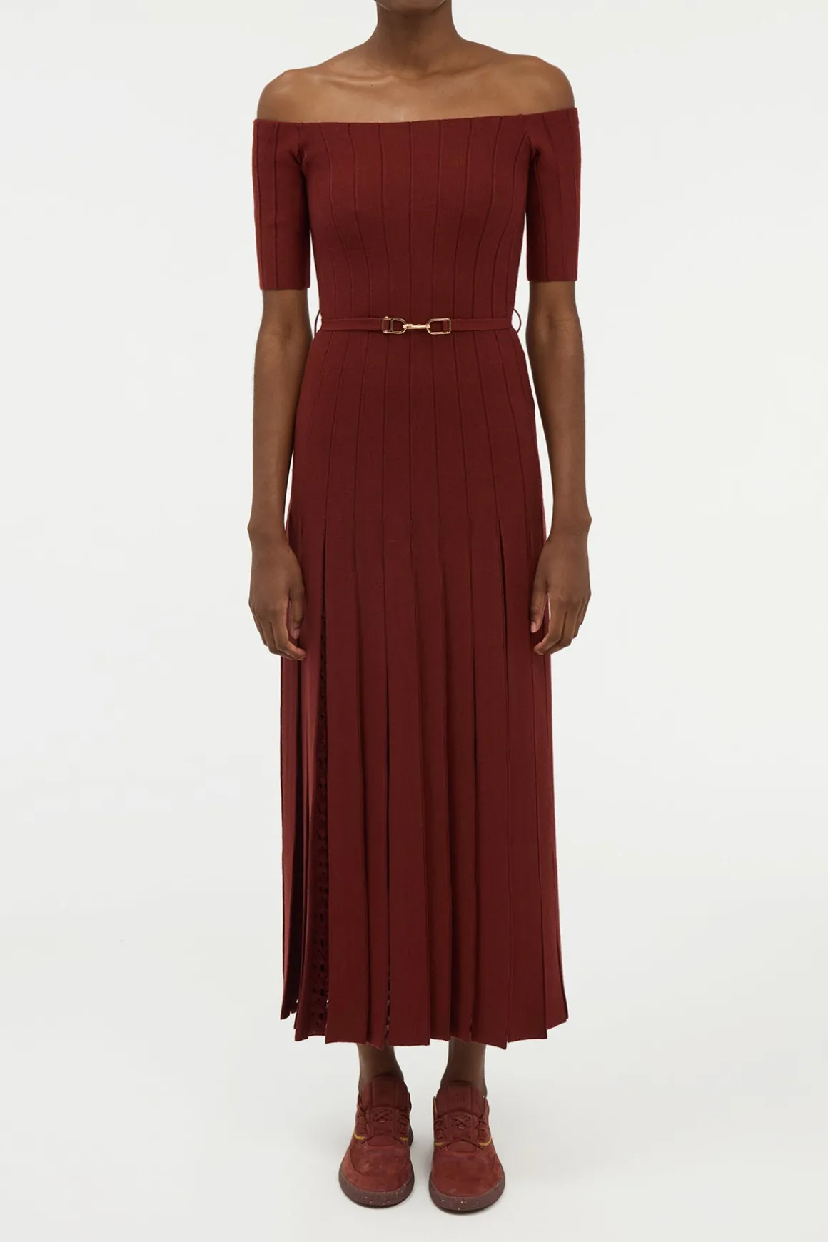 Kurt Knit Pleated Maxi Dress in Burnt Sienna Merino Wool