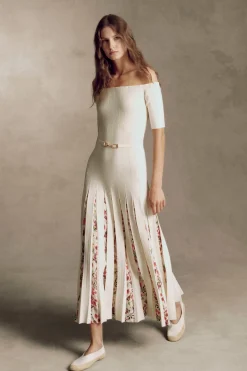 Kurt Knit Pleated Maxi Dress in White Multi Merino Wool
