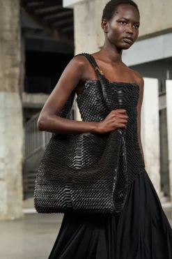 Large Hobo Bag in Black Leather Snake Scales