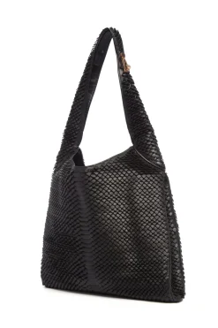 Large Hobo Bag in Black Leather Snake Scales
