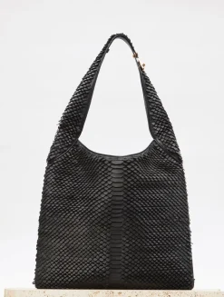 Large Hobo Bag in Black Leather Snake Scales