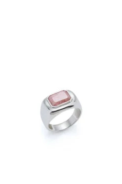 Large Ring in 18K White Gold & Pink Marble Stone