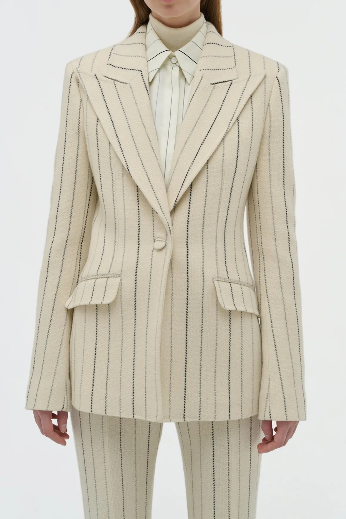 Leiva Blazer in Ivory Multi Pinstripe Wool Cashmere