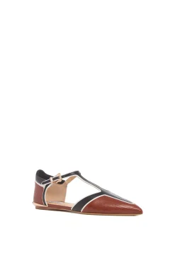 Leya Moto T-Strap Flat Shoe in Cognac Multi Leather