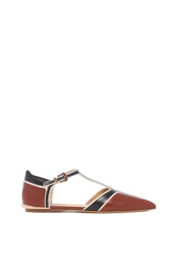 Leya Moto T-Strap Flat Shoe in Cognac Multi Leather