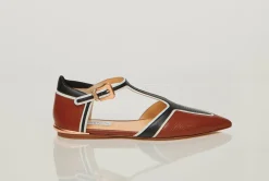 Leya Moto T-Strap Flat Shoe in Cognac Multi Leather
