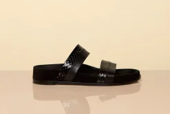 Low Striker Flat Sandal in Black Snakeskin & Nappa Leather