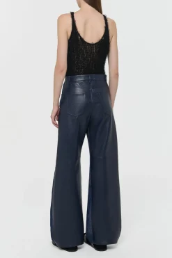Lucian Barrel-leg Jean in Indigo Blue Recycled Cotton Linen Denim & Textured Leather