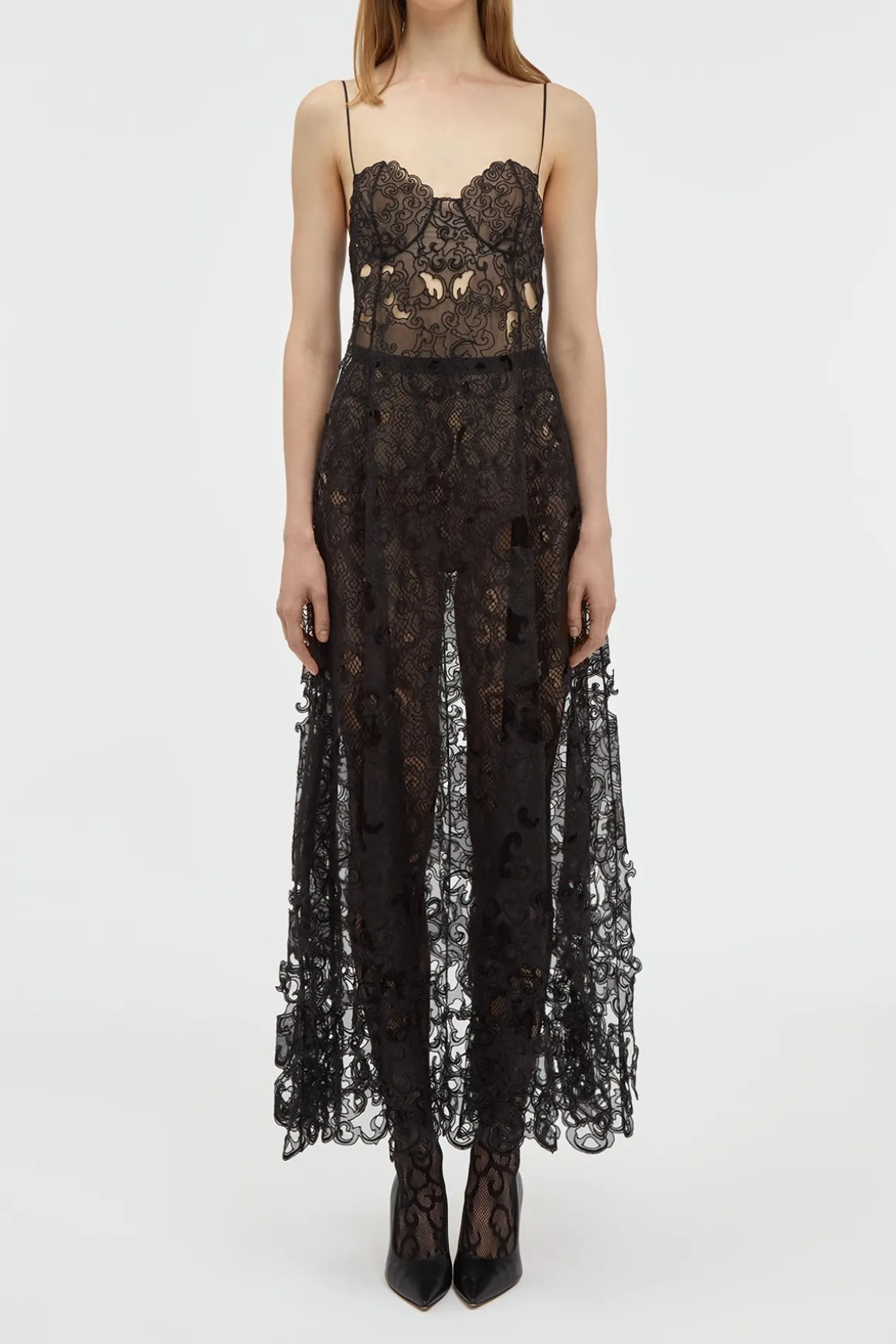 Luma Slip Midi Dress in Black Silk Organza Lace