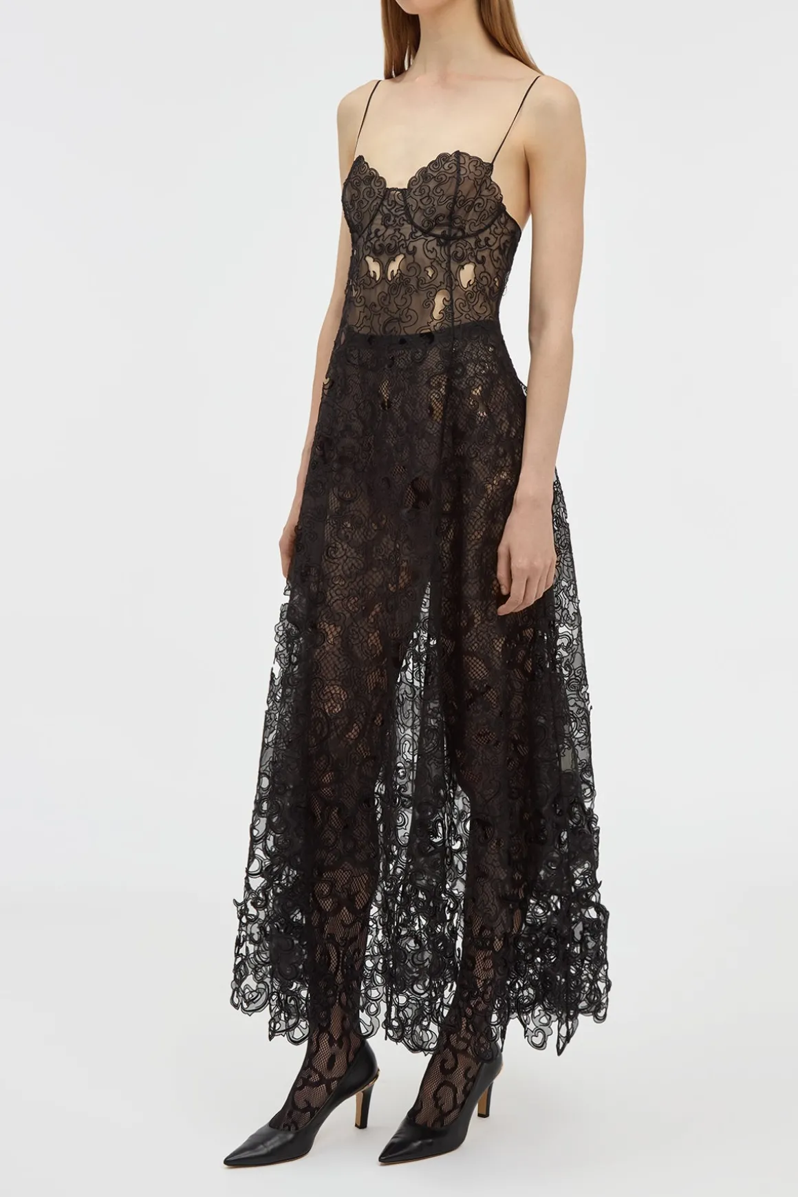 Luma Slip Midi Dress in Black Silk Organza Lace