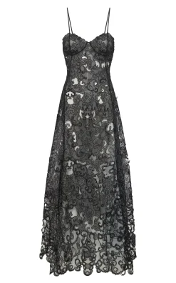 Luma Slip Midi Dress in Black Silk Organza Lace