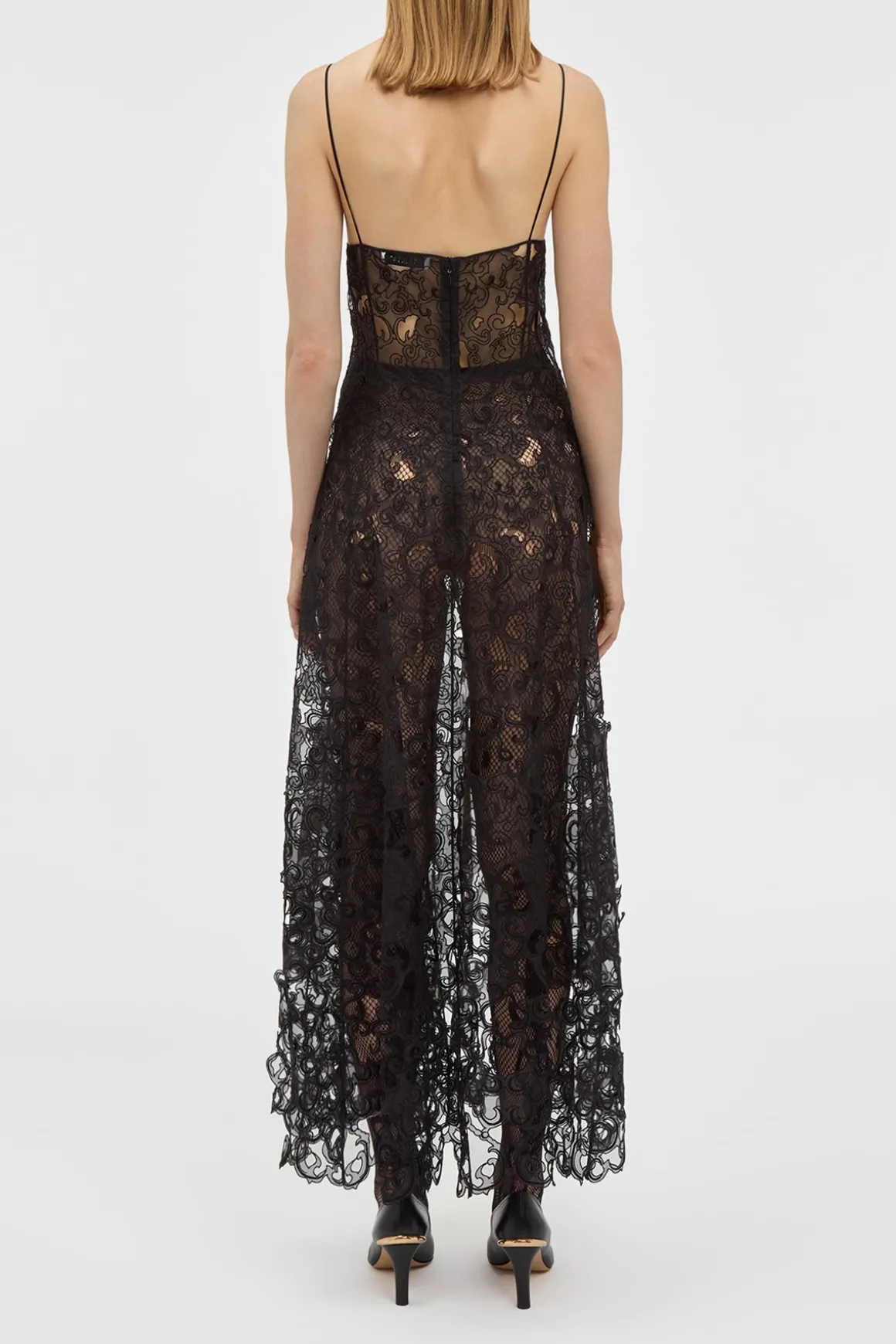 Luma Slip Midi Dress in Black Silk Organza Lace