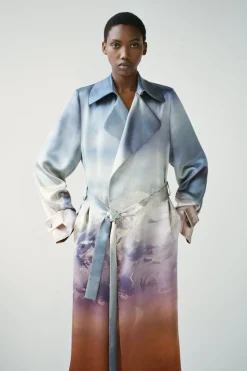 Lyra Trench Coat in Mountain Printed Satin Silk Twill
