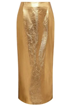 Manuela Midi Skirt in Metallic Gold Linen Twill