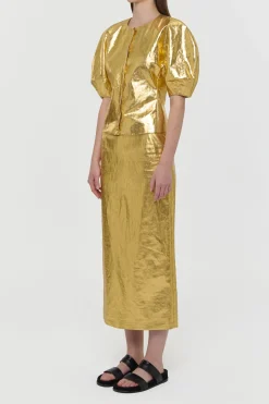 Manuela Midi Skirt in Metallic Gold Linen Twill