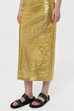 Manuela Midi Skirt in Metallic Gold Linen Twill