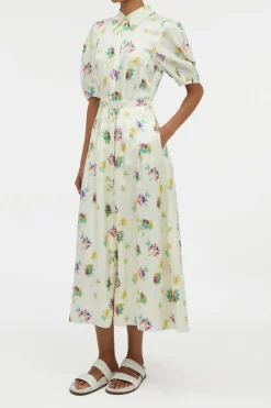 Maude Pleated Mia's Flowers Midi Shirtdress in Ivory Multi Printed Silk Twill