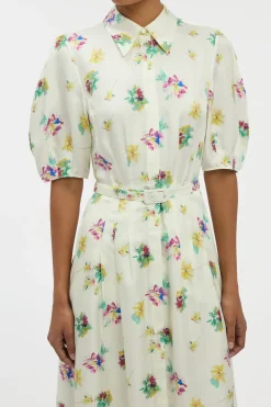 Maude Pleated Mia's Flowers Midi Shirtdress in Ivory Multi Printed Silk Twill
