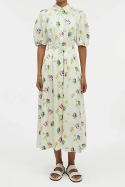 Maude Pleated Mia's Flowers Midi Shirtdress in Ivory Multi Printed Silk Twill