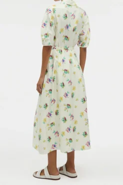 Maude Pleated Mia's Flowers Midi Shirtdress in Ivory Multi Printed Silk Twill
