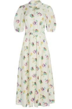 Maude Pleated Mia's Flowers Midi Shirtdress in Ivory Multi Printed Silk Twill