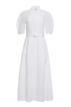 Maude Pleated Midi Shirtdress in White Aloe Linen