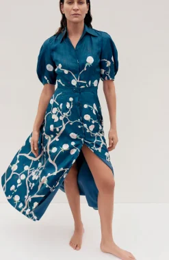 Maude Pleated Midi Shirtdress in Blue Multi Printed Silk Twill
