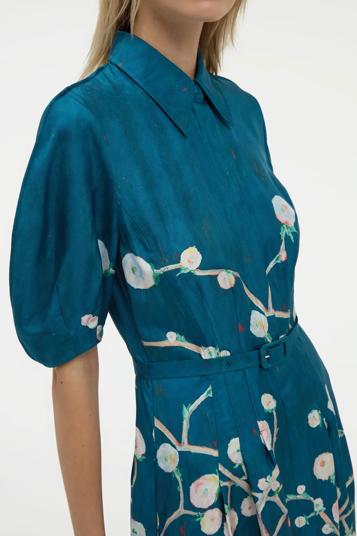Maude Pleated Midi Shirtdress in Blue Multi Printed Silk Twill