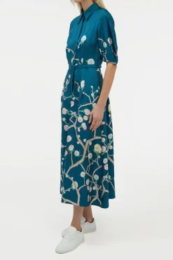 Maude Pleated Midi Shirtdress in Blue Multi Printed Silk Twill