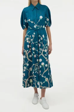 Maude Pleated Midi Shirtdress in Blue Multi Printed Silk Twill