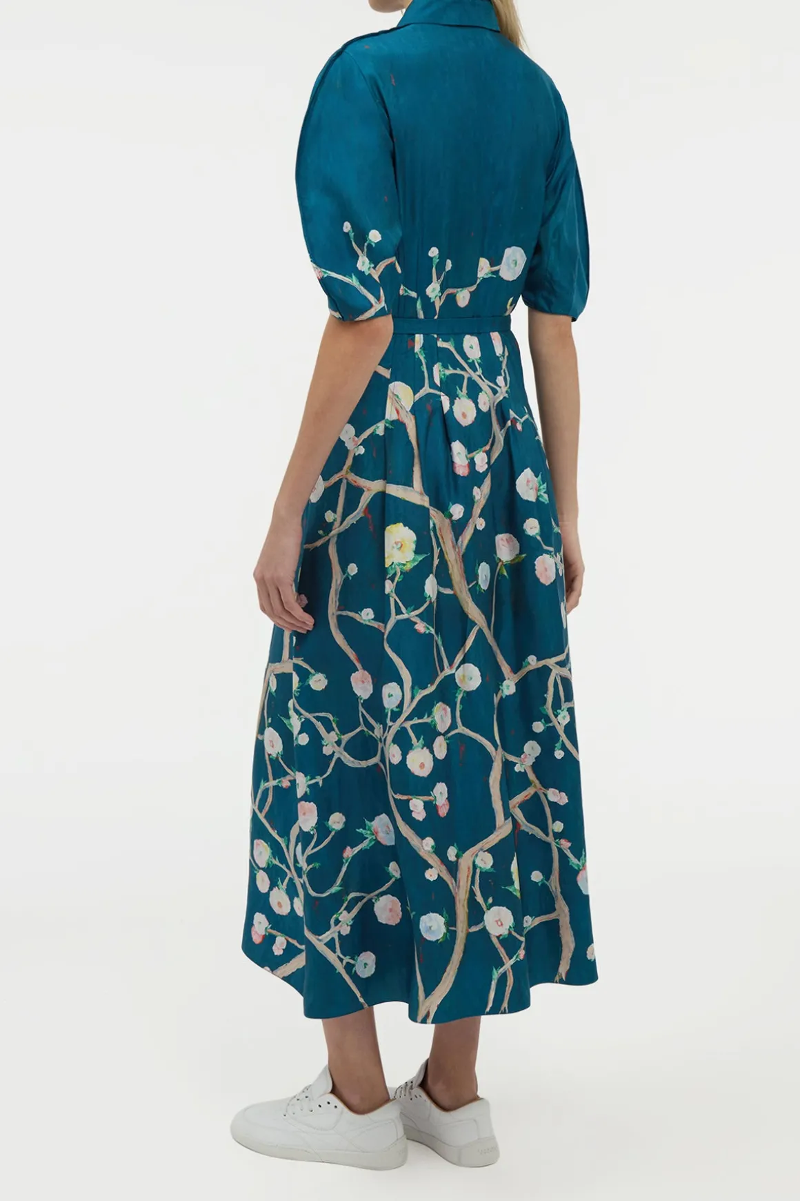 Maude Pleated Midi Shirtdress in Blue Multi Printed Silk Twill