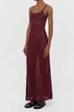 Meridian Lace Knit Maxi Dress in Bordeaux Merino Wool with Lining