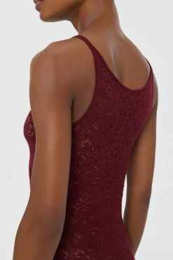Meridian Lace Knit Maxi Dress in Bordeaux Merino Wool with Lining