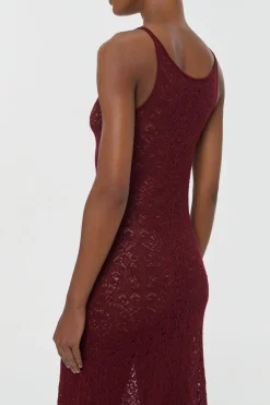 Meridian Lace Knit Maxi Dress in Bordeaux Merino Wool with Lining