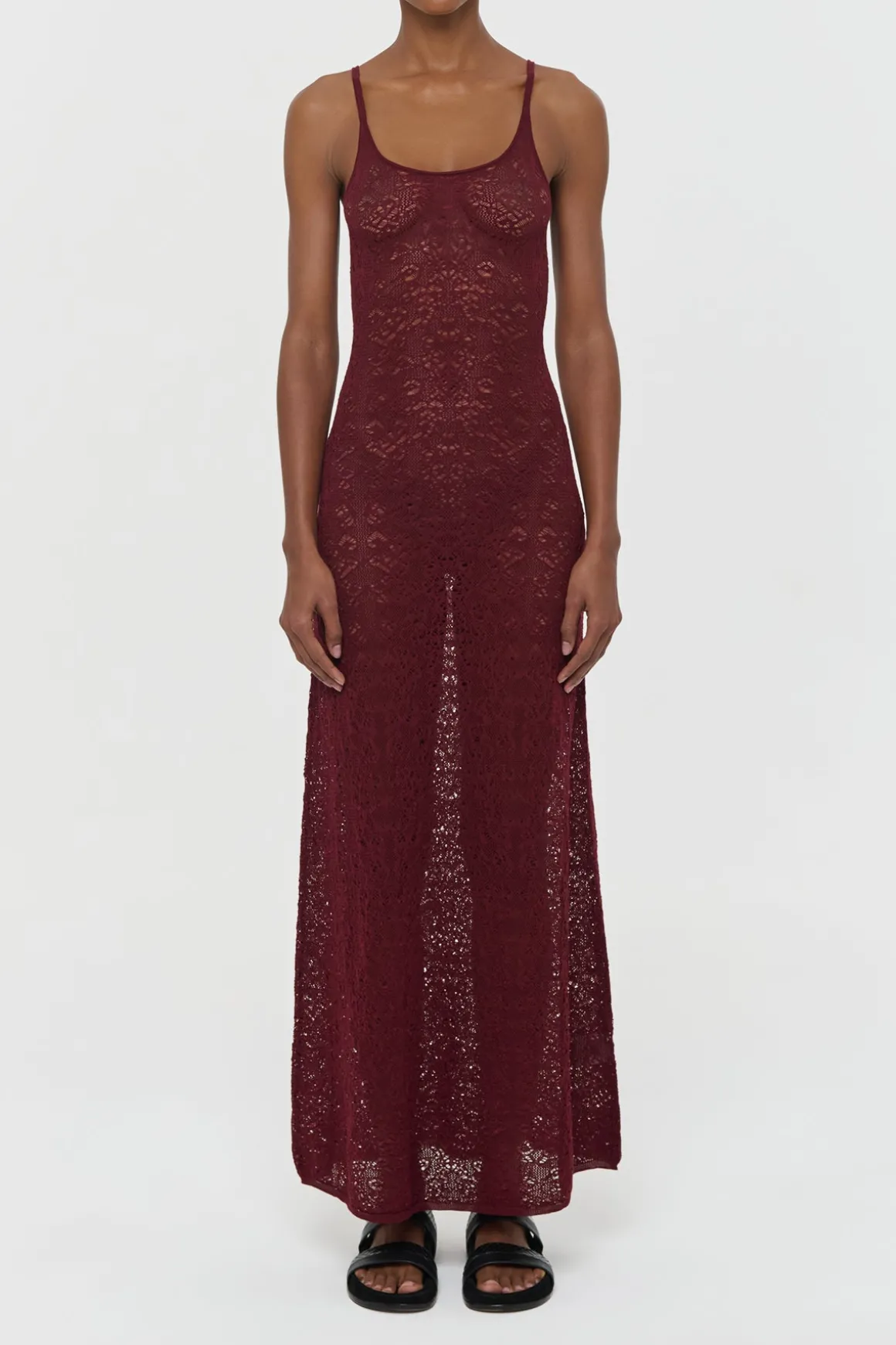 Meridian Lace Knit Maxi Dress in Bordeaux Merino Wool with Lining