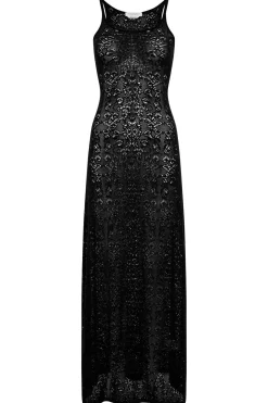 Meridian Lace Knit Maxi Dress in Black Merino Wool with Lining