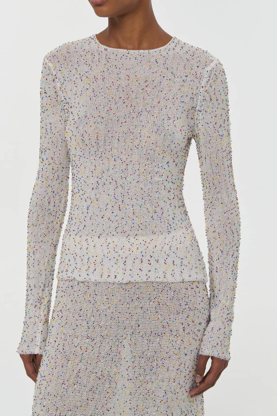 Nello Knit Sweater in Ivory Multi Beaded Cashmere Silk