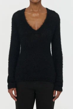 Neoma Knit V-Neck Sweater in Black Silk Cashmere