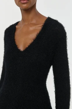 Neoma Knit V-Neck Sweater in Black Silk Cashmere