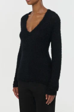 Neoma Knit V-Neck Sweater in Black Silk Cashmere