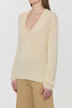 Neoma Knit V-Neck Sweater in Off White Silk Cashmere