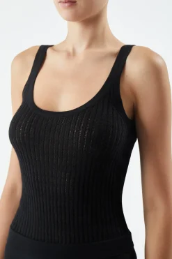 Nevin Pointelle Knit Tank Top in Black Cashmere Silk