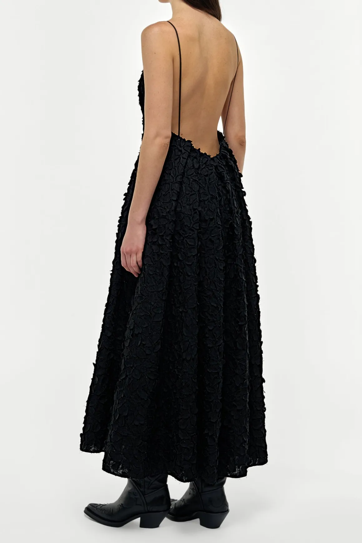 Nexus Embroidered Leaves Maxi Dress in Black Linen