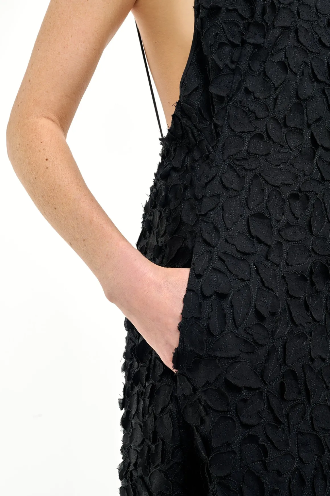 Nexus Embroidered Leaves Maxi Dress in Black Linen