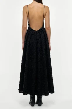 Nexus Embroidered Leaves Maxi Dress in Black Linen